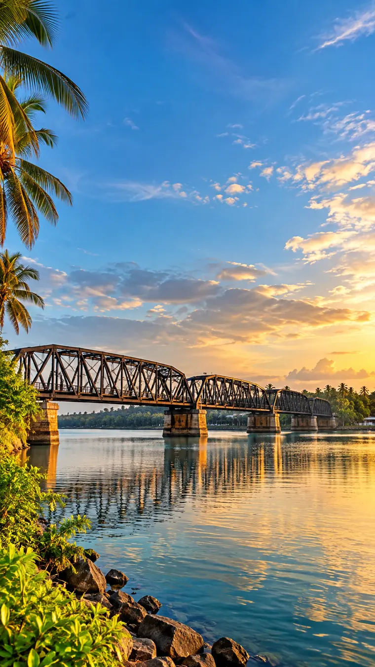 An iron truss bridge over a lagoon, reflected in the water in late afternoon light