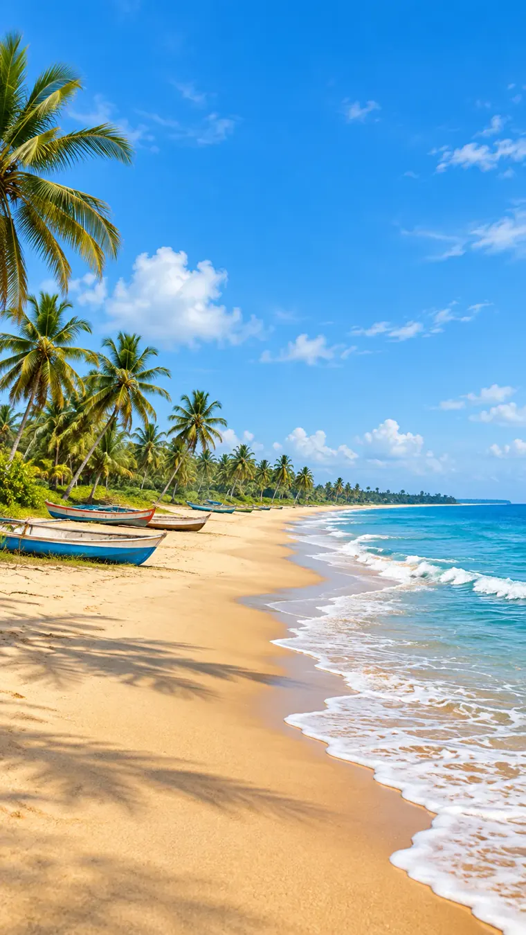 Fishing boats resting on a palm-lined beach under a bright blue sky